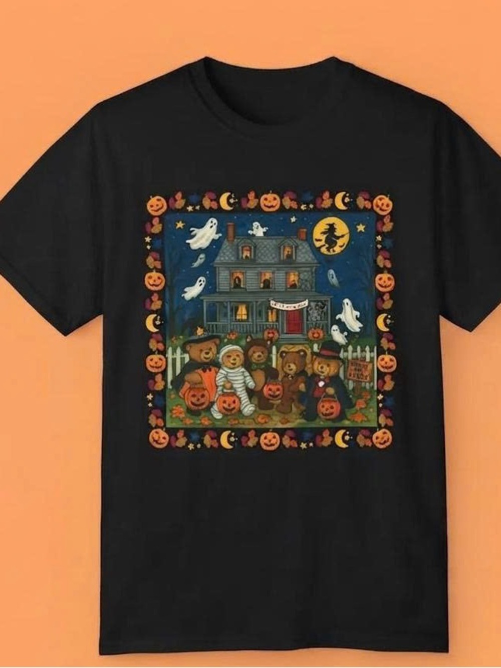 Black Halloween Bears & Haunted House Graphic Tee